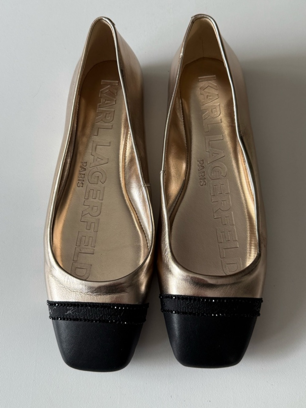 Karl Lagerfeld Metallic Gold and Black Square-Toe Ballet Flats sz 6 nwob